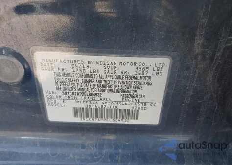 2014 Nissan Versa 1.6 Sv from USA, damaged, VIN 3N1CN7AP2EL804932